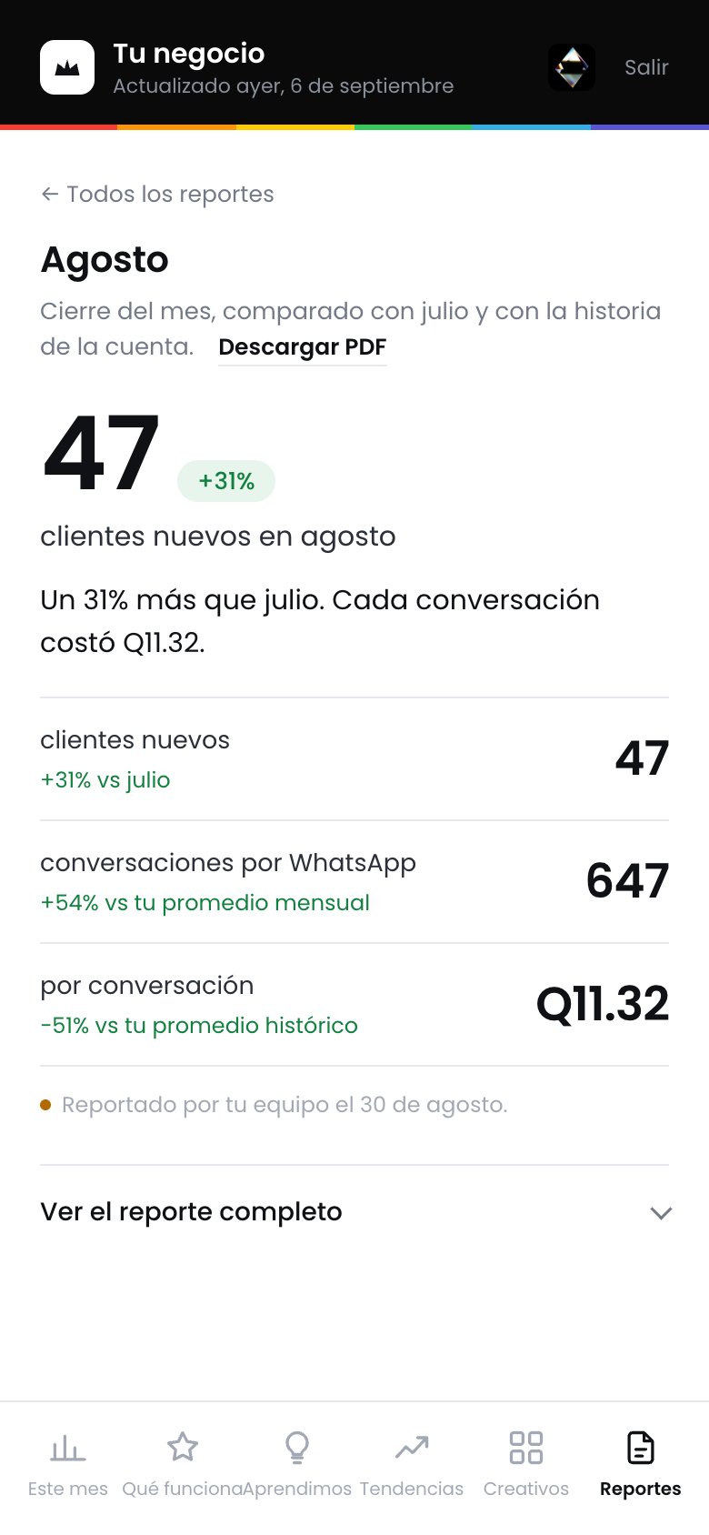 Reporte del mes: ventas, conversaciones y costo, con su variación